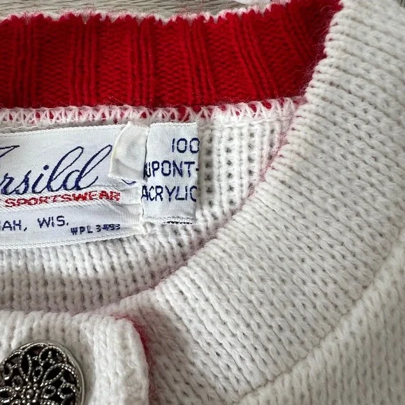 Vintage Christmas Red Jersild Cardigan Women Metal‎ Buttons 80s Sweater M - Picture 7 of 9